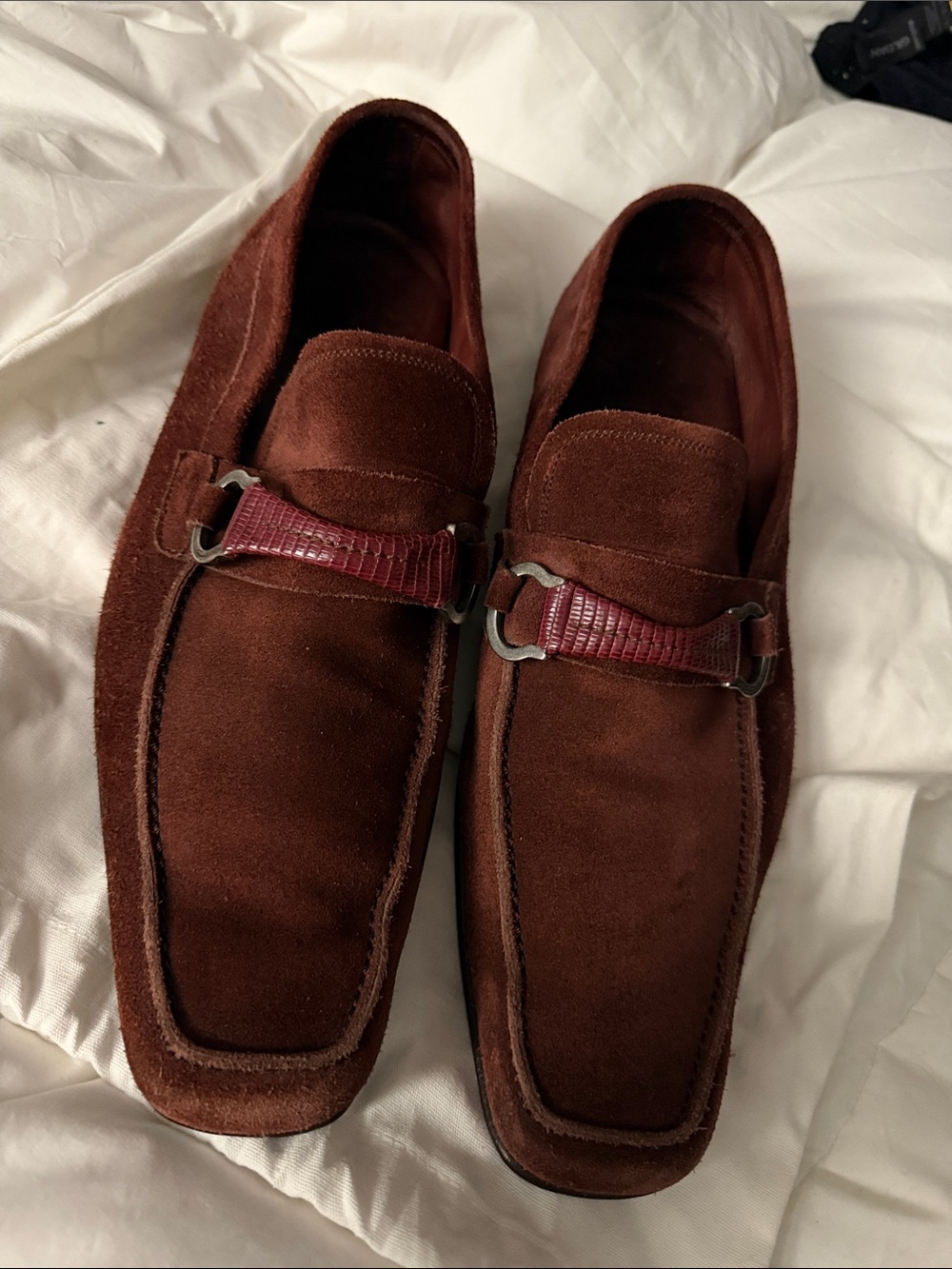 Salvatore Ferragamo Burgundy Suede Loafers with maroon leather Strap - Mens 11